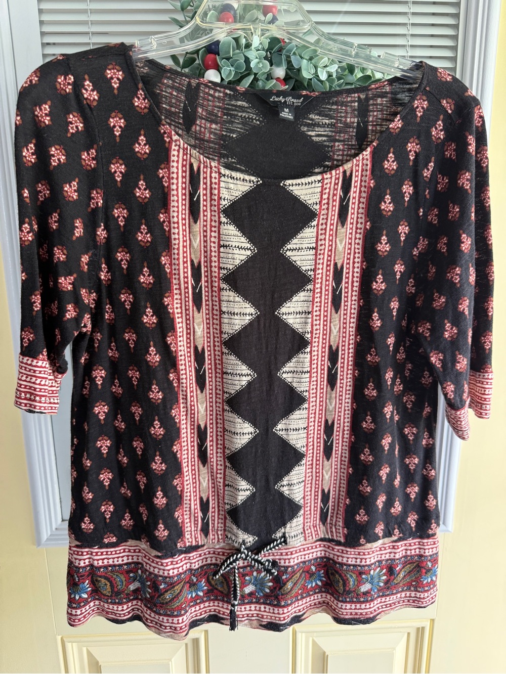 Lucky Brand Black Tunic with Red and Cream Geometric Border